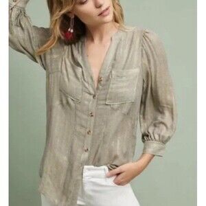 Akemi +Kin Anthropology Beige Gold Metallic Striped 3/4 Sleeve Itzel Top Shirt 4